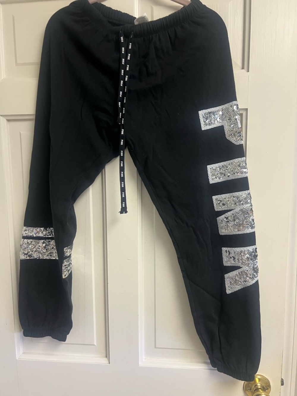 PINK Victoria's Secret Black Sweatpants with Silver Sequin Logo